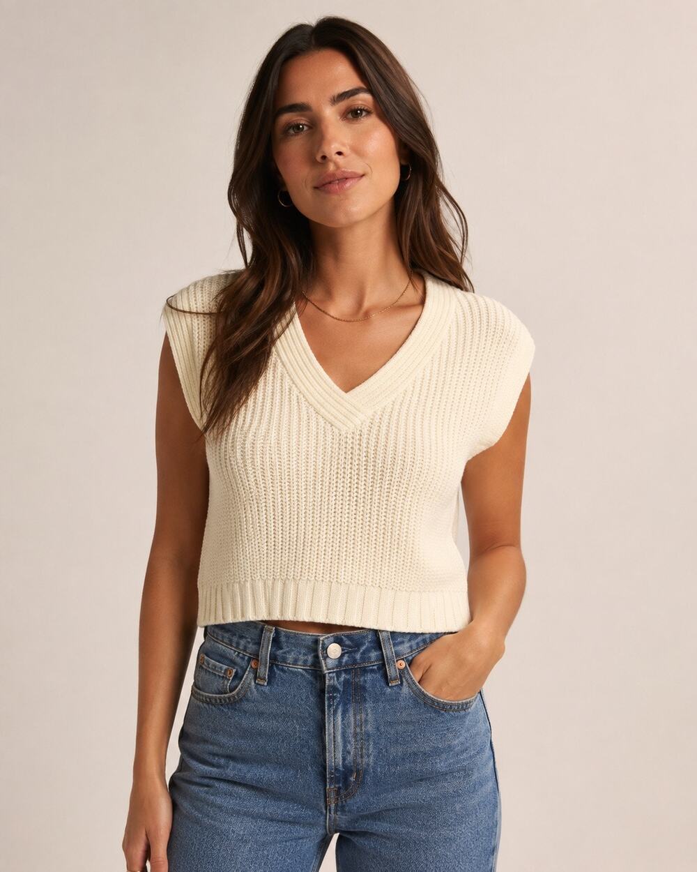Boxy Cropped Sweater Vest Ivory Sleeveless V Neck Chunky Womens Xs